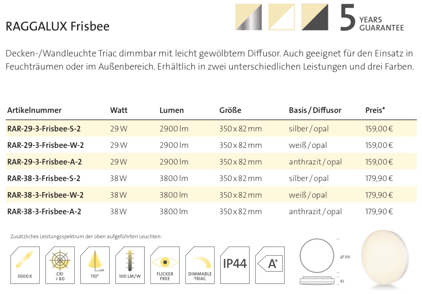 Raggalux Frisbee Datenblatt